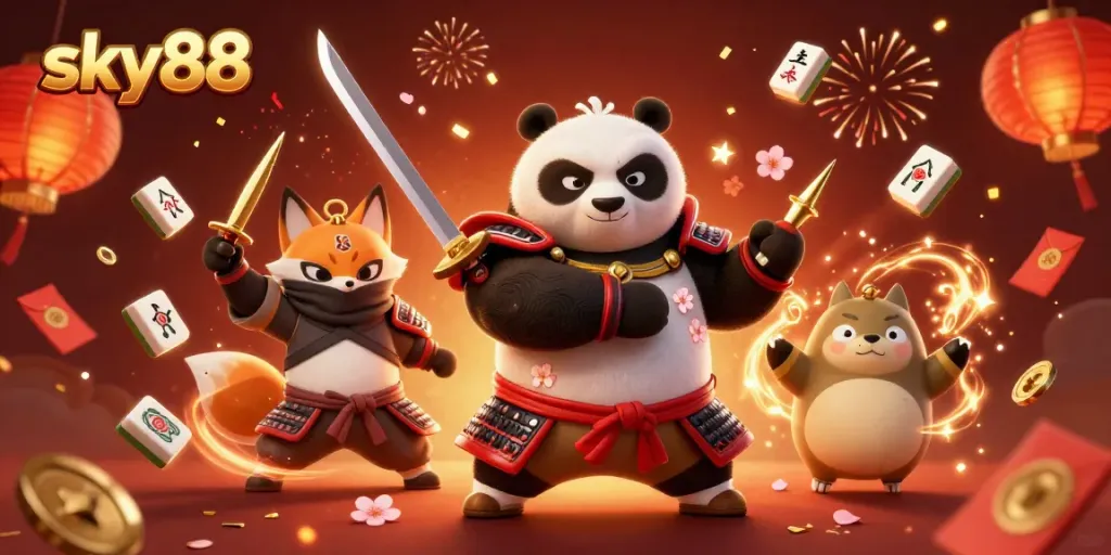 Engage with sky88's thrilling casino experience featuring a samurai panda and ninja fox surrounded by vibrant gaming elements.