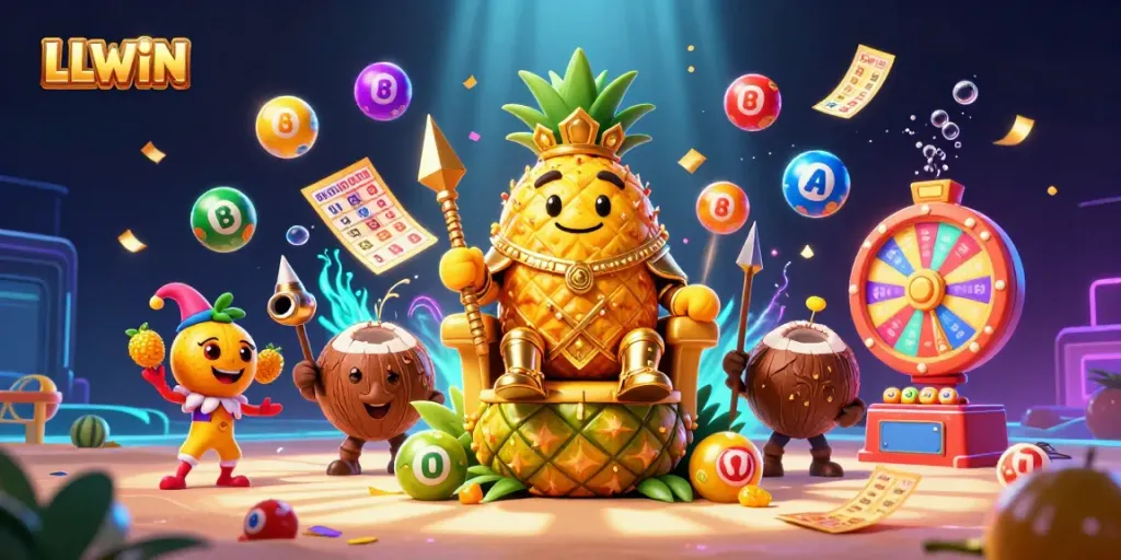 Experience the vibrant action of LLWIN with a whimsical casino scene showcasing lively lottery games.