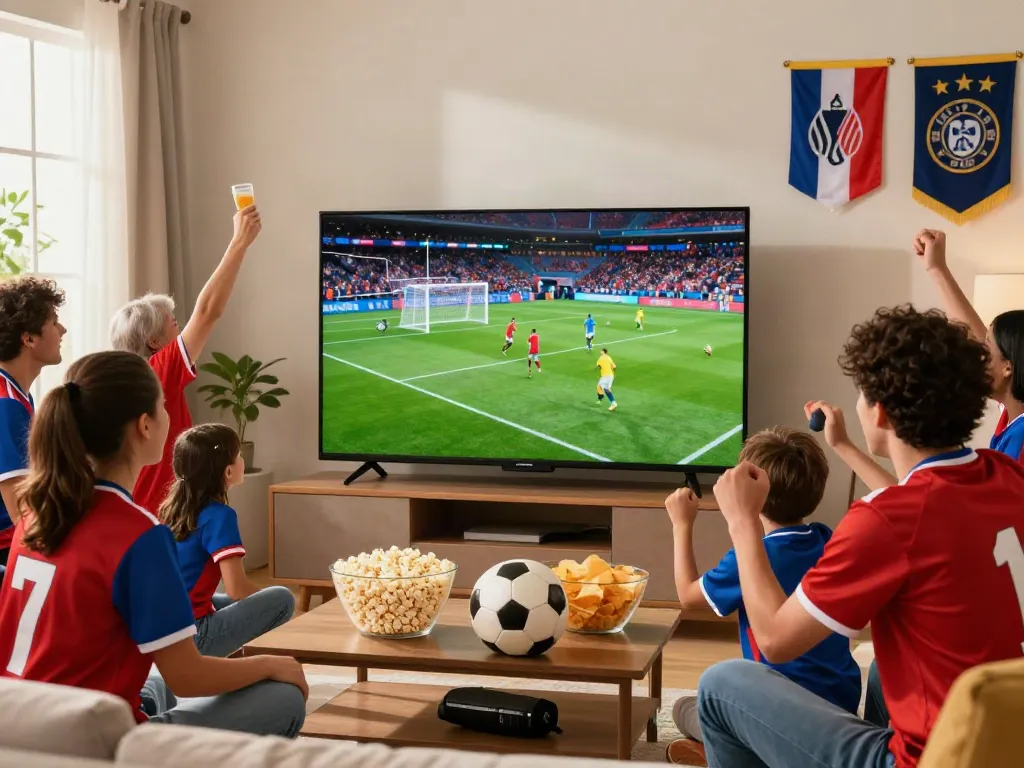 Exciting scene of football fans cheering while watching cà khại tv in a cozy living room.