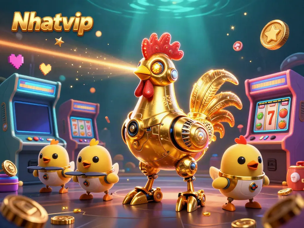 Nhatvip's thrilling casino experience with 3D golden rooster robot and vibrant game machines.