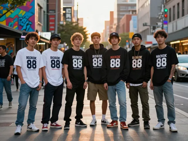 Young adults showcasing stylish rokok 88 streetwear in urban sunset scene