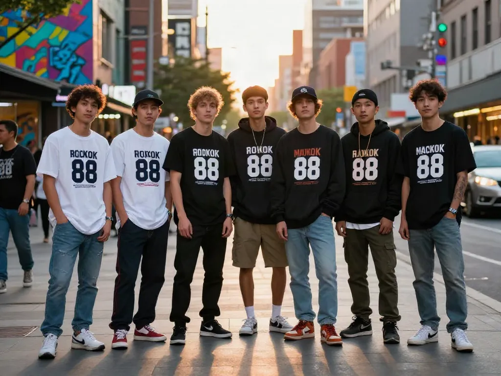 Young adults showcasing stylish rokok 88 streetwear in urban sunset scene