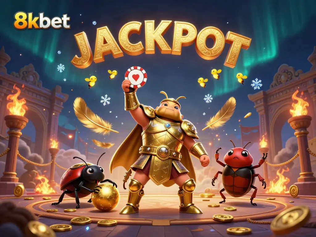 Experience the excitement of 8kbet with a victorious beetle lifting a poker chip amidst a vibrant casino scene.