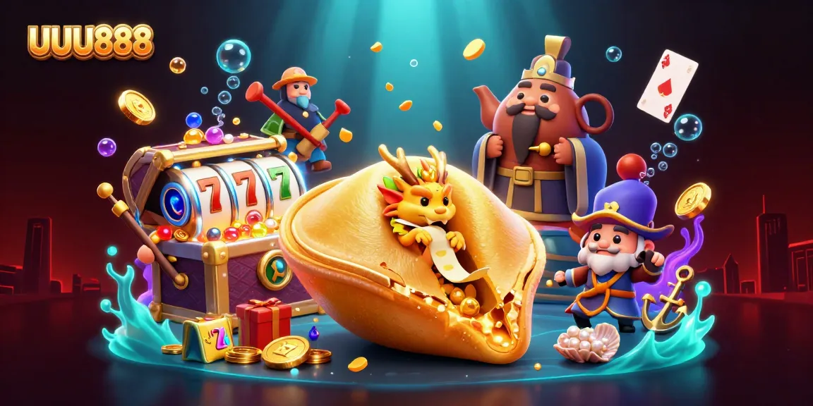 Engage with UUU888 through this vibrant 3D casino scene featuring slot reels and lucky symbols.
