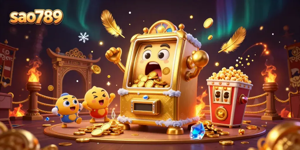 Celebrate wins at sao789 with cheerful slot machines and dazzling gold coins in a vibrant 3D casino setting.