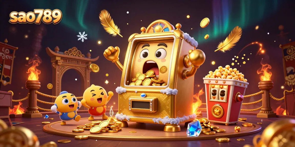 Celebrate wins at sao789 with cheerful slot machines and dazzling gold coins in a vibrant 3D casino setting.