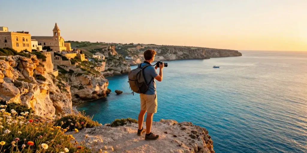 Experience Gozo tours with a traveler at sunset overlooking azure waters and landscapes.