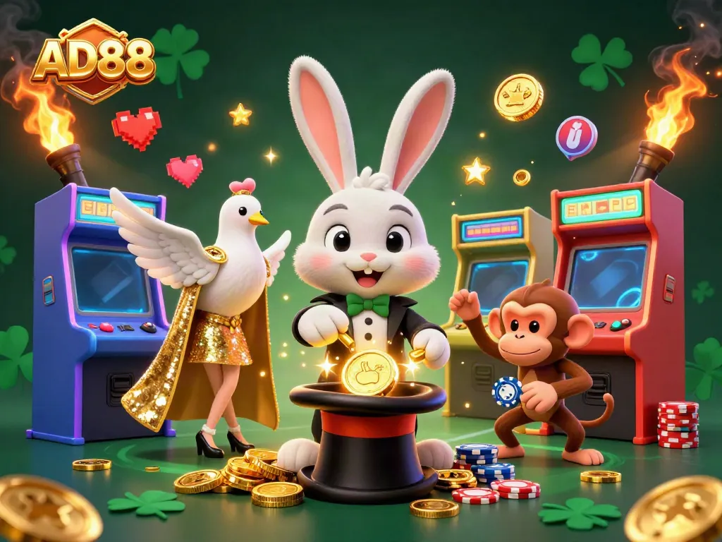 Engage in winning at AD88 with a vibrant 3D scene of a magician, dove, and monkey amidst gaming elements.