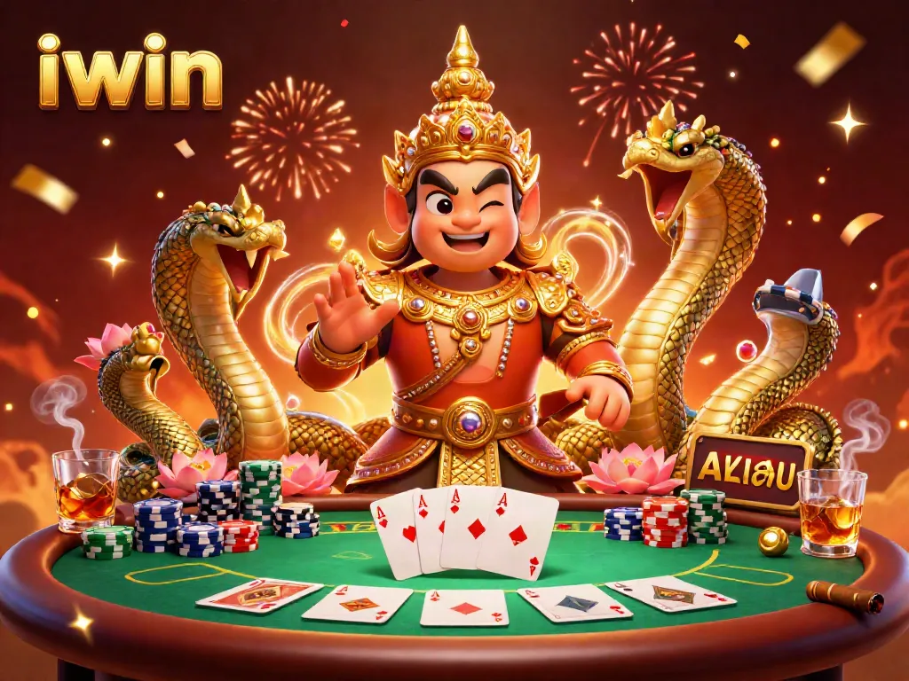 Win big with iwin's vibrant poker scene featuring Thai guardian characters and colorful chips.