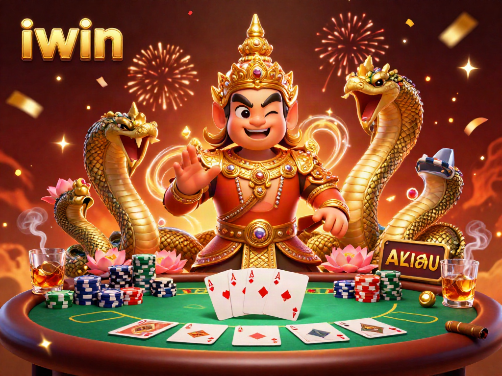 Win big with iwin's vibrant poker scene featuring Thai guardian characters and colorful chips.
