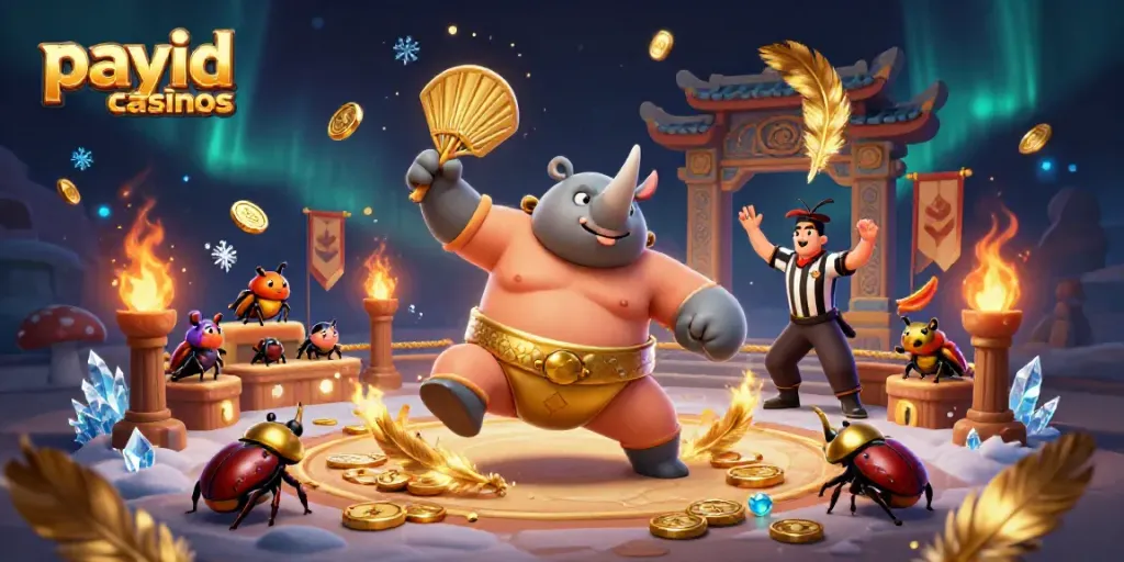 Witness the excitement of payid casinos with a sumo beetle champion surrounded by vibrant gaming elements.