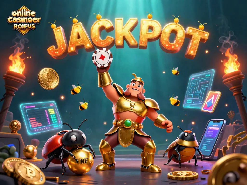 Engaging scene of online casinoer uden ROFUS celebrating jackpot victory with gaming elements