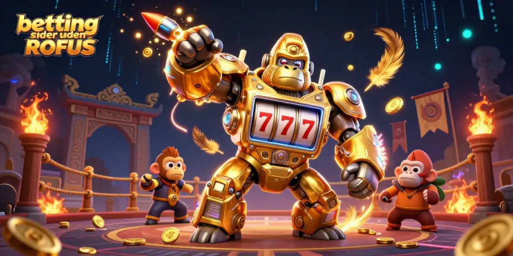 Experience impressive betting sider uden ROFUS with a dynamic scene featuring a golden gorilla mech and energetic elements.