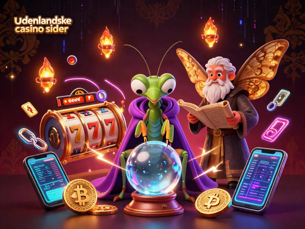 Engage with the vibrant world of udenlandske casino sider, illustrated with dynamic slot game elements and mystical characters.