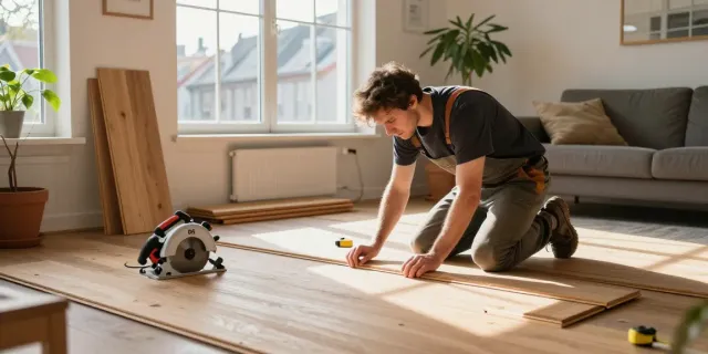 Bygg Bergen carpenter installing wooden flooring in a cozy living room.