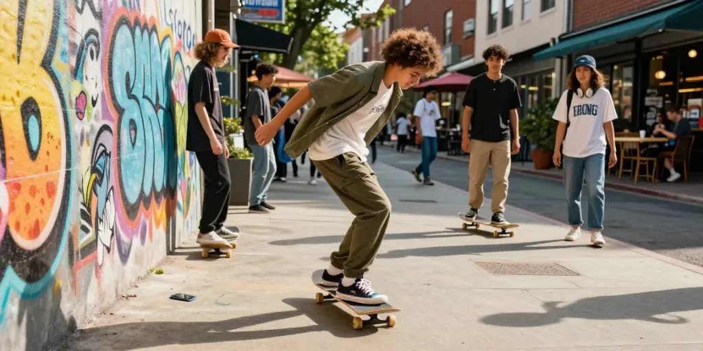 Young skateboarder enjoying the urban vibe of rokok88 community in lively street setting.