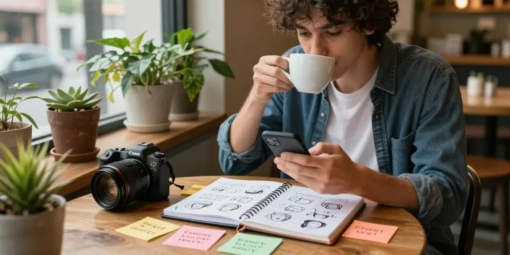 Youth in café exploring crush on romantic interests through notes and smartphone.