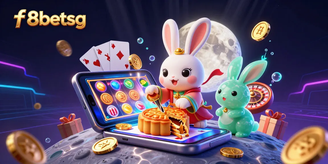 Engage in thrilling gaming with f8betsg, showcasing a vibrant 3D scene with moon rabbits, poker chips, and casino elements.