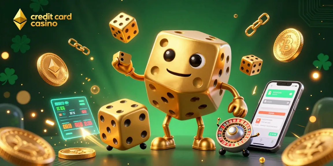 Experience the excitement of a credit card casino with a vibrant 3D illustration of a golden dice golem and crypto elements.