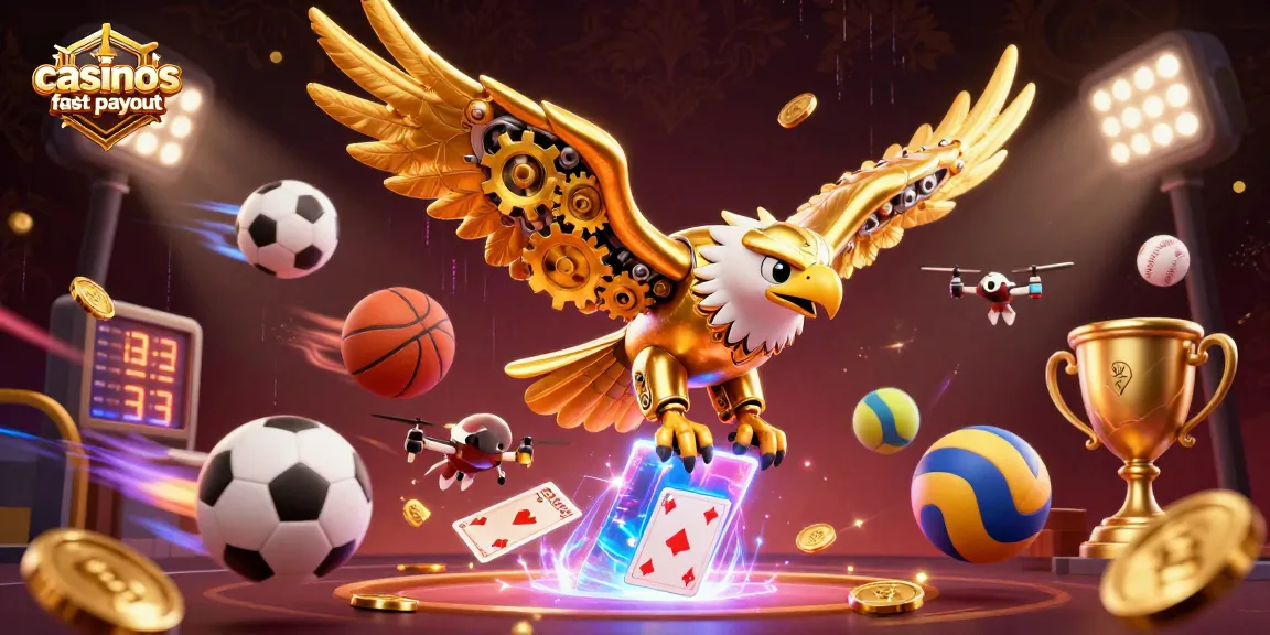 Win big at casinos with fast payout featuring a 3D cybernetic eagle amidst holographic cards.
