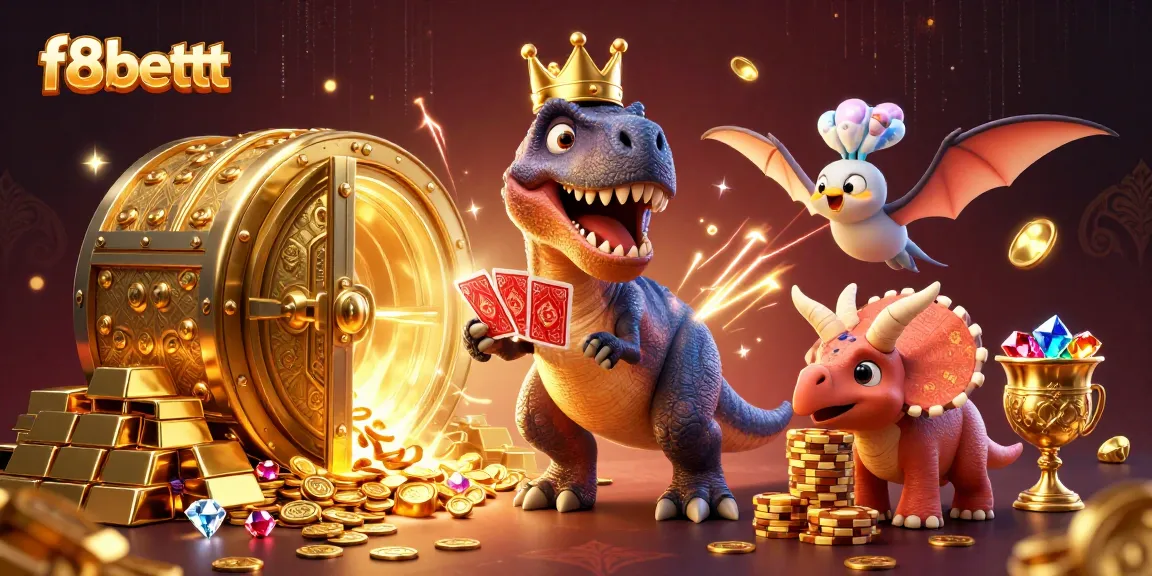 Experience thrilling gameplay with f8bettt as playful dinosaurs shuffle cards and stack chips in a vibrant casino.