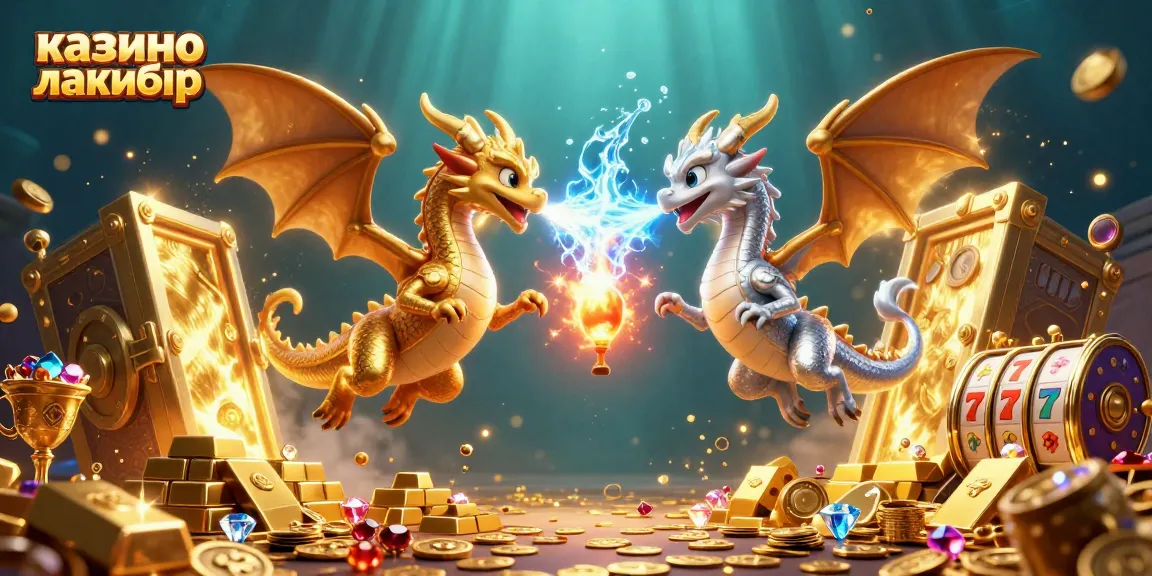 Experience excitement at казино лакибир with dynamic casino action depicted by cartoon dragons and treasures.