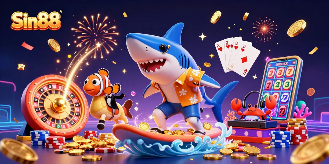 Experience thrilling wins at Sin88 with vibrant casino-themed characters and dynamic elements.