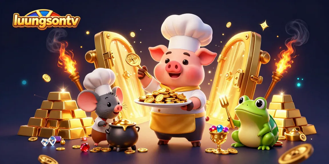 Experience thrilling wins at luongsontv with the chef pig, mouse, and frog celebrating gold treasures.