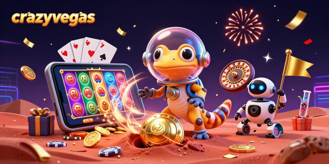 Experience the excitement of crazyvegas with a Martian gecko at a golden casino, surrounded by gaming elements.