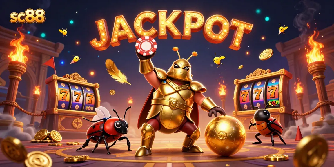 Engage in thrilling wins at sc88 with a cartoon beetle lifting poker chip amidst vibrant casino elements.