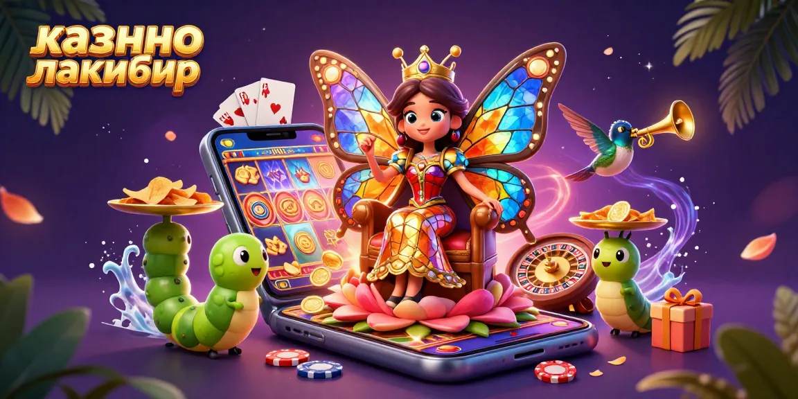 Engage with казино лакибир in a vibrant scene featuring a butterfly queen and classic casino games.