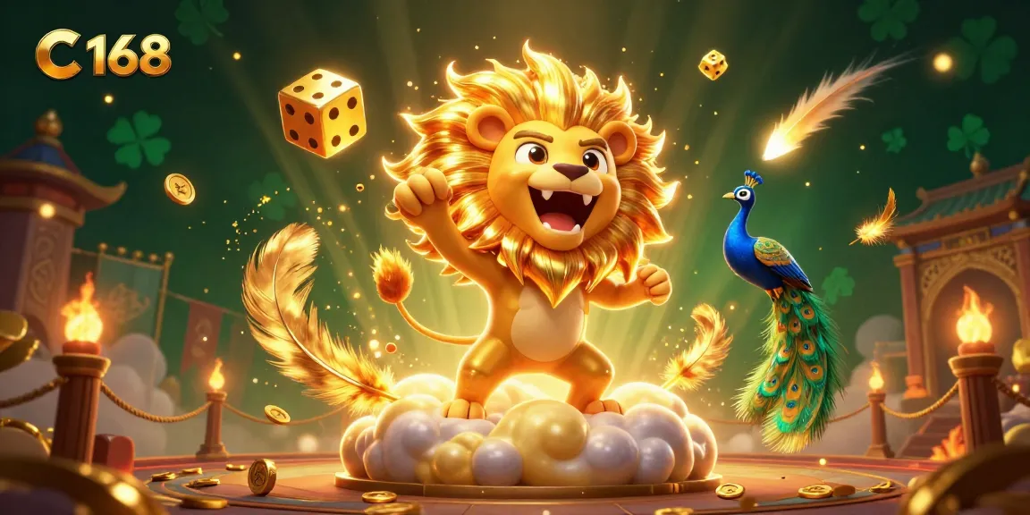 Experience the excitement of C 168 with a dynamic casino illustration featuring a roaring lion and golden dice.