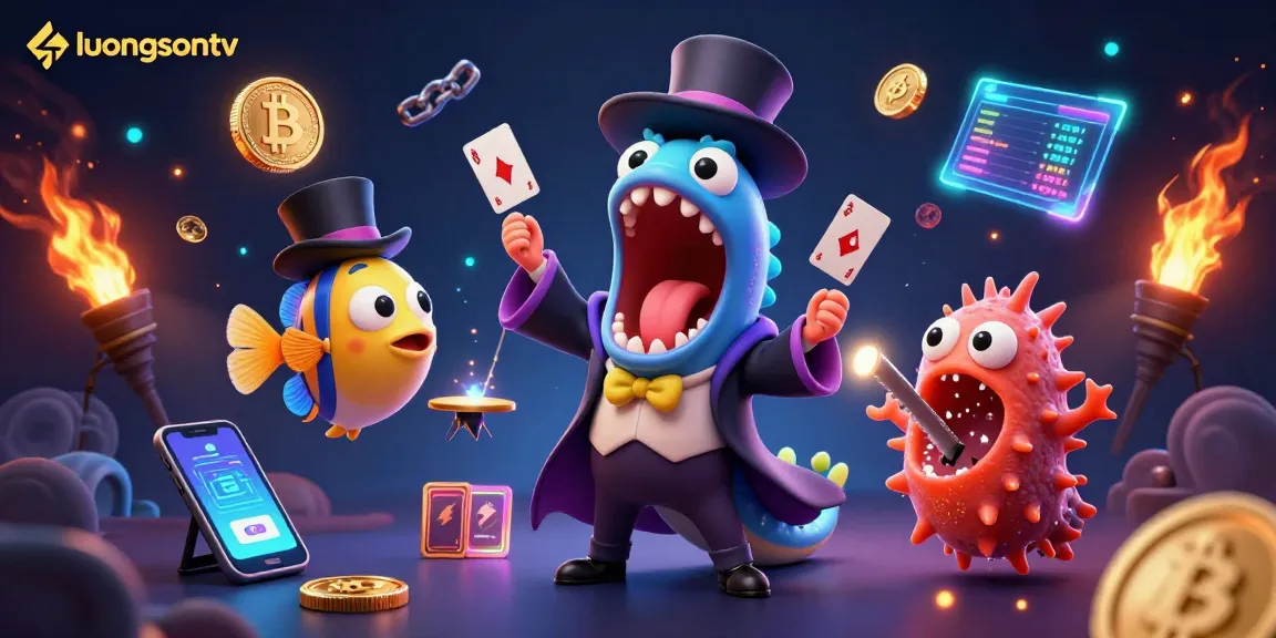 luongsontv showcases a magical scene where a gulper eel performs card tricks surrounded by neon cryptocurrency elements