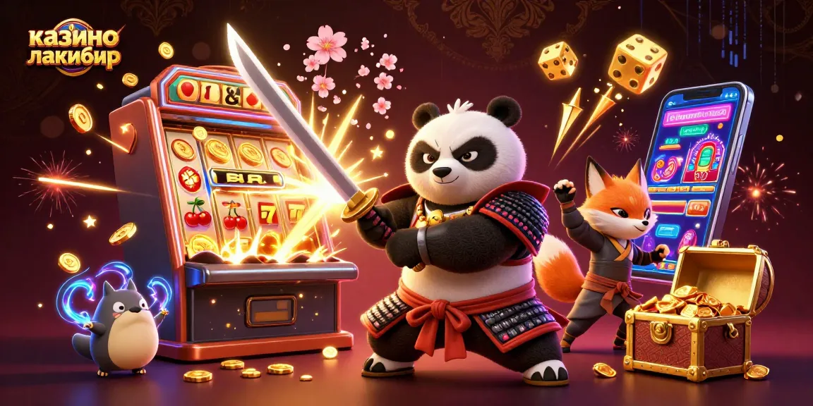 Spin to win at казино лакибир with samurai panda and ninja fox in a vibrant casino scene.